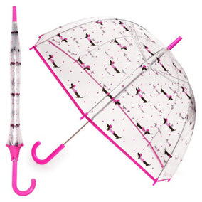 KAV Ladies Transparent Clear Umbrella Brolly assorted Colour Trim Lightweight Design Dome Parasol for Women (Ladies Sausage Dog)