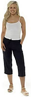 KAV Linen Trousers for Woman Elasticated Casual Pants Flat Front Elastic Back Three Quarters Ladies  Trouser for Ladies (Black 10)