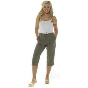 KAV Linen Trousers for Woman Elasticated Casual Pants Flat Front Elastic Back Three Quarters Ladies  Trouser for Ladies (Khaki 18)