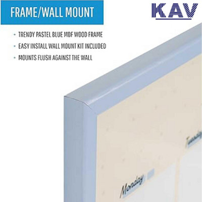 KAV Magnetic Dry Erase Monthly Planner White Board Stylish Pastel Collection Blue MDF Frame - Easy Install and Clean