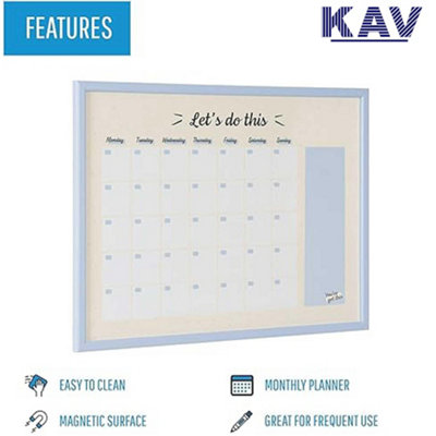 KAV Magnetic Dry Erase Monthly Planner White Board Stylish Pastel Collection Blue MDF Frame - Easy Install and Clean