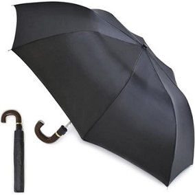 KAV Men's Auto Folding Umbrella With Wood Effect Handle - Compact, Stylish, Automatic Folding (Black), 88cm Diameter