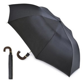 KAV Men's Auto Folding Umbrella With Wood Effect Handle - Compact, Stylish, Automatic Folding For Rain And Sun Protection (Black)