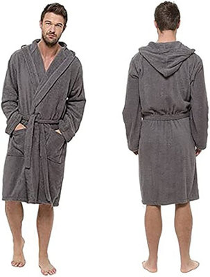 KAV Mens Hooded Towelling Robe 100 Cotton Bathrobe Dressing Gown with Large Pockets for Gym Home Shower Hotel Robe Grey L XL