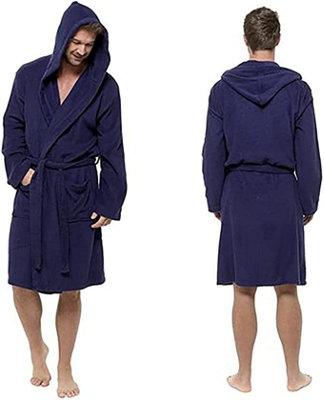 KAV Mens Hooded Towelling Robe 100 Cotton Bathrobe Dressing Gown with Large Pockets for Gym Home Shower Hotel Robe Navy L XL