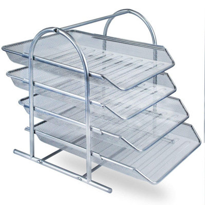 KAV Mesh Desk Organizer 4 Tier Letter Tray for Office and Home Space-Saving Document Storage Steel Mesh Construction(Silver)