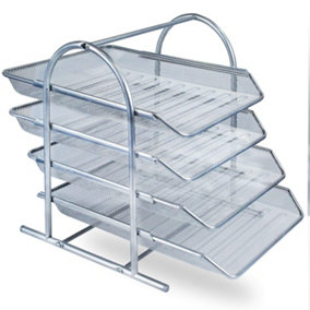 KAV Mesh Desk Organizer 4 Tier Letter Tray for Office and Home Space-Saving Document Storage Steel Mesh Construction(Silver)