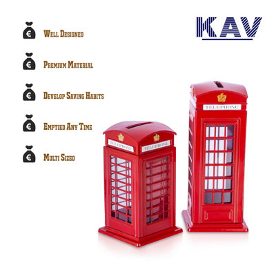KAV Money Boxes London Telephone Box, Red Die Cast Money Bank British Phone Booth Piggy Bank United Kingdom Coin Saver (14 CM)