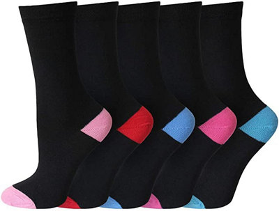 KAV Pack of 10 Pairs Ladies Colour Heel & Toe Socks in Black - Multipack Socks for Work and Casual Wear (10-PACK)