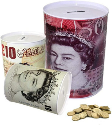 KAV - Pack of 5 money tins saving tins UK Pound MONEY TIN PIGGY BANK BOX SAVINGS COINS CASH change tin 15 CM