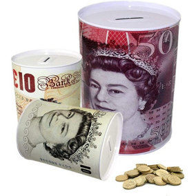 KAV - Pack of 5 money tins saving tins UK Pound MONEY TIN PIGGY BANK BOX SAVINGS COINS CASH change tin 15 CM