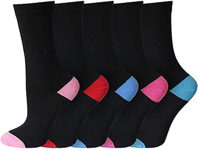 KAV Pack of 5 Pairs Ladies Colour Heel & Toe Socks in Black - Breathable  Multipack Socks for Work and Casual Wear