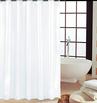 Big & Waterproof Shower Curtain – 210x180cm Wide Drop, White With Hooks Included