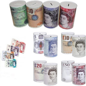 KAV Sterling Money Tin - Piggy Bank, Coin, Cash Money Box- (15 cm x 10 cm) (Set of 8 RANDOM Note Designs)