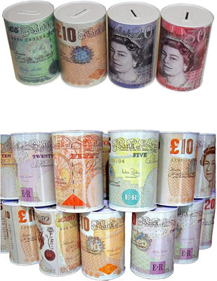 KAV Sterling Money Tin - Piggy Bank, Coin, Cash Money Box- Cylindrical Shape, Multicolour(15cx10 cm)(12 RANDOM Note Designs)