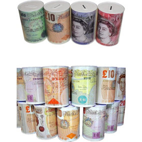 KAV Sterling Money Tin - Piggy Bank, Coin, Cash Money Box- Cylindrical Shape, Multicolour(15cx10 cm)(12 RANDOM Note Designs)