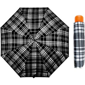 KAV Tartan Supermini Umbrella with Wood Effect Handle - Compact, Stylish, Protection from the Rain and Sun (Black)