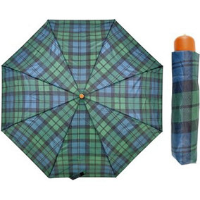 KAV Tartan Supermini Umbrella with Wood Effect Handle - Compact, Stylish, Protection from the Rain and Sun (Blue)