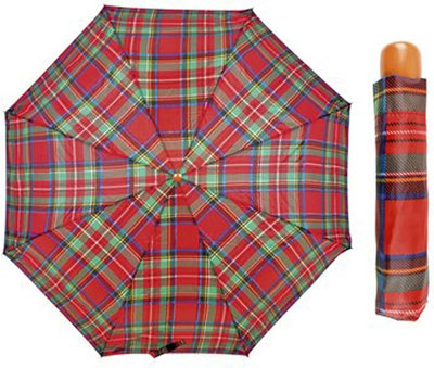 KAV Tartan Supermini Umbrella with Wood Effect Handle - Compact, Stylish, Protection from the Rain and Sun (Red)