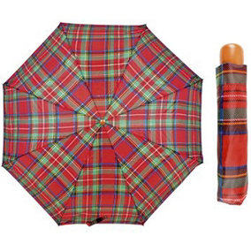 KAV Tartan Supermini Umbrella with Wood Effect Handle - Compact, Stylish, Protection from the Rain and Sun (Red)