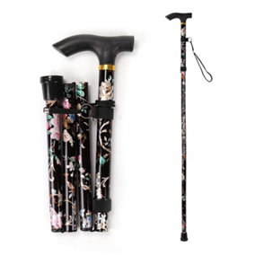 KAV Walking Stick, Easy Adjustable Height Folding Extendable Walking Cane, Lightweight and Durable  Walking Stick (Black Floral)