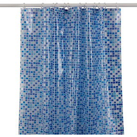 KAV Waterproof Shower Curtain, Bathroom Curtain Liner Anti Mould Heavy Duty Curtain 180x180 - Peva with hooks (Blue Mosaic)