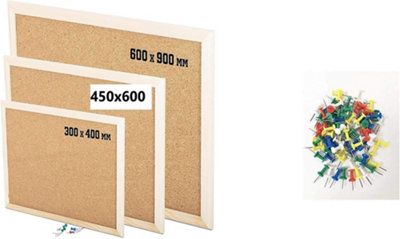 KAV Wooden Frame Cork Notice Boards Office Memo School with 100 Push Pins Classic Wood Frame Board (450 x 600)