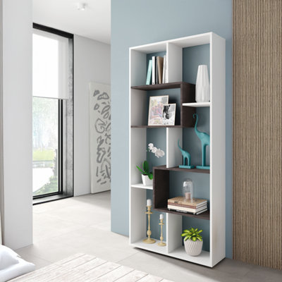 KAWA Tall Open 8 Shelf Bookcase Shelf - White & Dark Brown wood (H)180cm (W)80cm (D)25cm