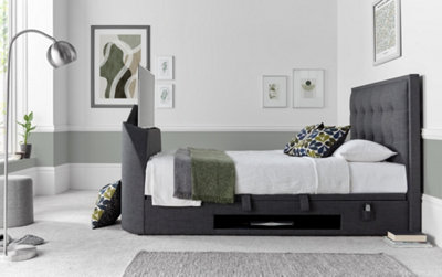 Kaydian Falstone TV Bed: Classic Design with Hidden TV Storage and Ottoman Storage Slate Grey Fabric