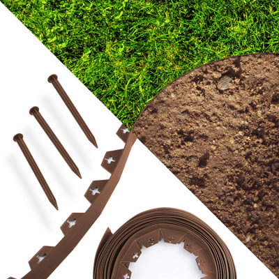 KCT 20m Metre Brown Flexible Plastic Lawn Edging Grass Border with Pegs ...