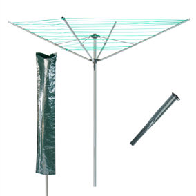KCT 4 Arm Outdoor Rotary Washing Line Clothes Airer with Protective Cover and Ground Spike