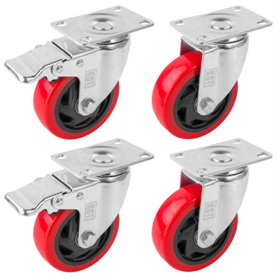 KCT Castors Pack of 4 Castor Wheels 100mm Heavy Duty Strong Red Rubber for Furniture with Brakes