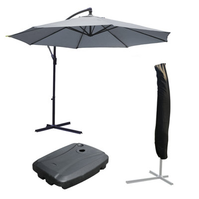 KCT Garden Parasol 3m Large Grey Cantilever with Protective Cover and Base