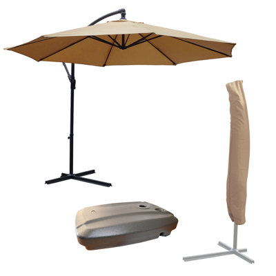 KCT Garden Parasol 3m Large Mocha Cantilever with Protective Cover and Base.