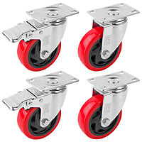 KCT Pack of 4 100mm Heavy Duty Strong Red Rubber Castor Wheels for Furniture with Brakes