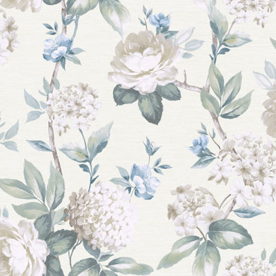 Keeka Floral Blue Cream Wallpaper DIY at B&Q
