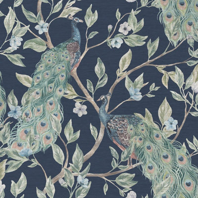 Keeka Peacock Bird Themed Vintage Wallpaper Navy Blue World of