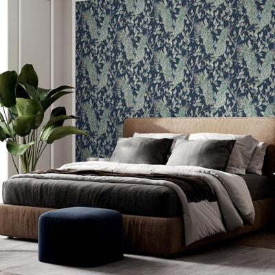 Keeka Peacock Bird Themed Vintage Wallpaper Navy Blue World of ...