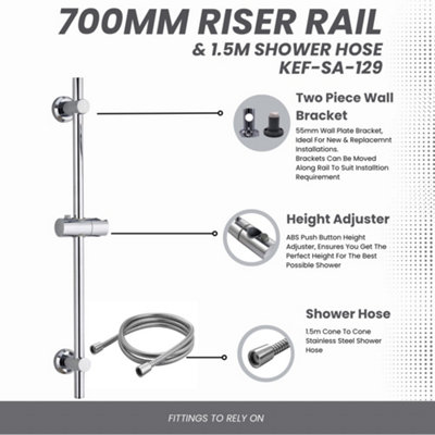 KeenFix 700mm Adjustable Chrome Shower Riser Rail & 1.5m Shower Hose