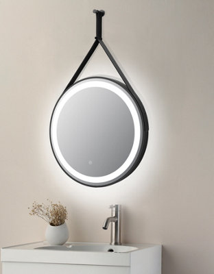 Keenware KBM-348 Aurora Round LED Black Framed Bathroom Mirror With Hook & Loop