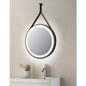 Keenware KBM-348 Aurora Round LED Black Framed Bathroom Mirror With Hook & Loop