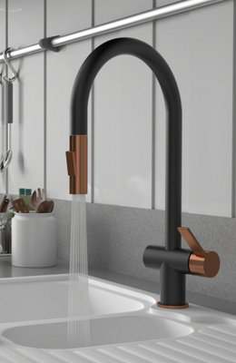 Keenware Kingsbury XL Black & Rose Gold Dual Spray Pull Out Monobloc Kitchen Tap