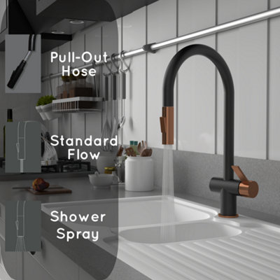 Keenware Kingsbury XL Black & Rose Gold Dual Spray Pull Out Monobloc Kitchen Tap