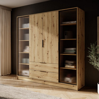 Kelly 206cm Glass-Fronted Wardrobe in Rustic Oak Artisan - Expansive Storage with Natural Charm