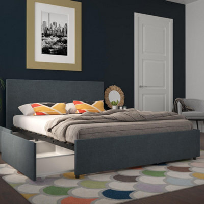 Kelly Bed with Storage Fabric Navy, Double