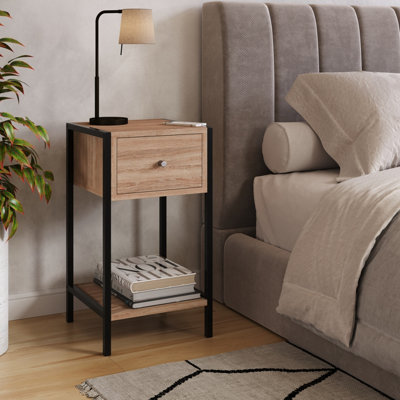 Kelly One Drawer Compact Bedside Cabinet in Oak Effect With Metal Side ...