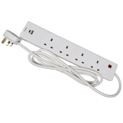 kenable 4 Gang Way 13A Mains Power Extension Lead with USB & PD USB-C ...