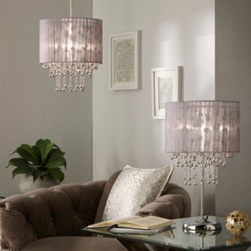 Kendra Silver Grey Table Lamp with Silver Grey Shade With Beaded Droplets