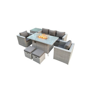 Kensington 7 Seater Rattan Garden Furniture Set with Fire Pit