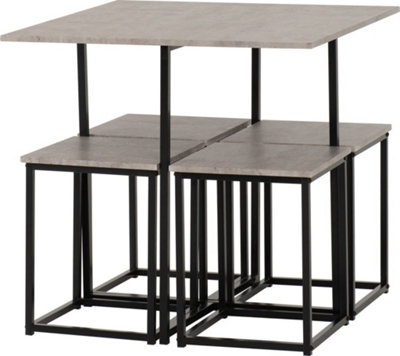 Kent Stowaway Dining Table and 4 Stool Set Stone Effect and Black